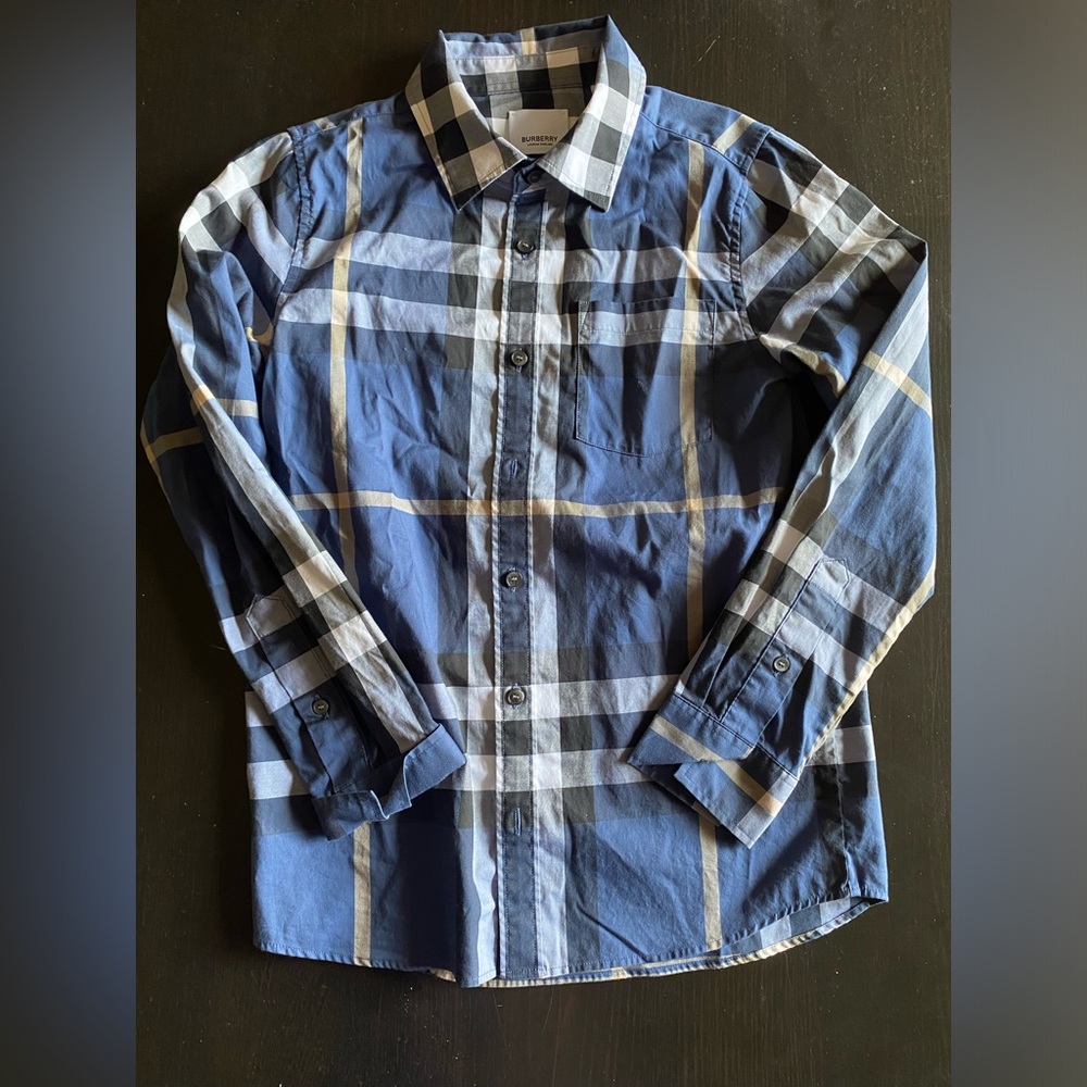 Burberry London boy’s blue Black plaid button down long sleeve Size 10